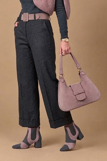 Dress ankle boots side elastics in dark grey and dusty rose pink leather with low flare heels and round toe - Worn view